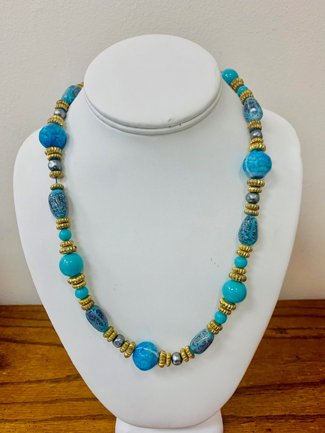 Vintage Blue and Gold Tone Beaded Mixed Media Necklace Item K - Etsy