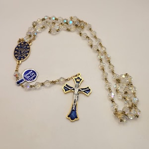 Aurora Borealis Kristall Blau Emaillierter Rosenkranz - Echter Zinn Kristall - AB Rosenkranz Perlen - Facettierte Gebetskette - Religiöser Schmuck - K #2003
