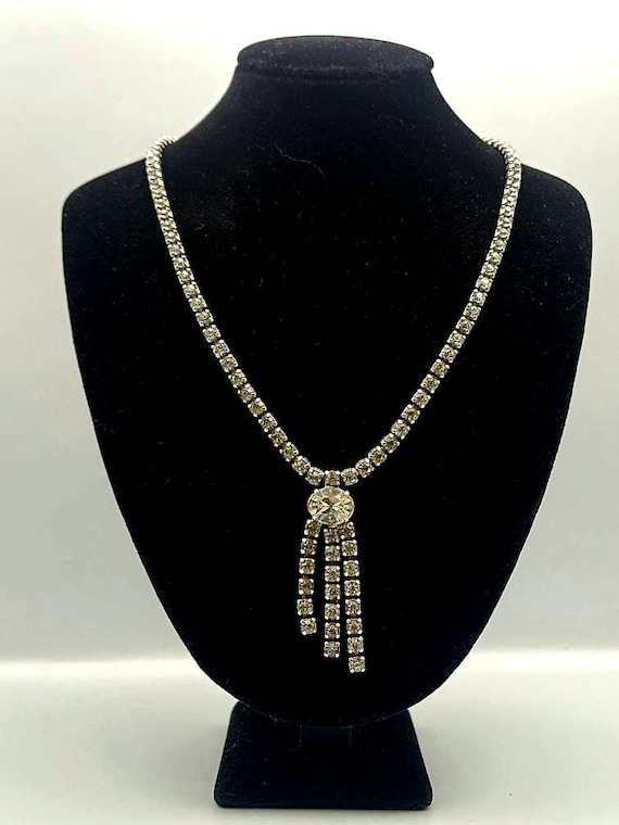 Vintage Rhinestone Tassel Choker – Silver Tone, 15" Crystal Necklace