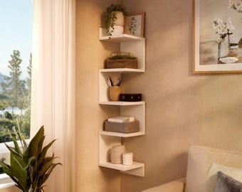 Corner Bookcase, Tall Zigzag Wood Bookshelf, Handmade 6-Tier Rounded Edge Shelving, Display Storage Living Room Nursery Bedroom Kitchen