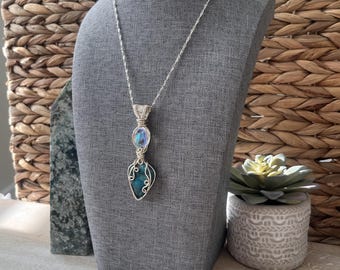 Chrysocolla & Aura Kwarts Ketting | Handgemaakte Kristallen Hanger met Draadomwikkeling | Zilveren Hemelse Ketting