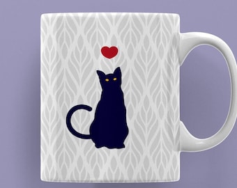 Black Cat Mug: Whimsical Heart Ceramic Cup for Cat Lovers