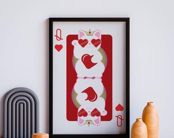 Lucky Cat Queen of Hearts Art Print: Whimsical Watercolor (13x19)