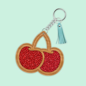 Sparkling Red Cherries Keychain with Tassel - Cute Cherry Wood Key Ring with Glitter Vinyl Finish - Durable and Stylish Accessory