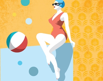 Retro Swimmer Art Print: Mid-Century Modern Pop Art Beach Decor