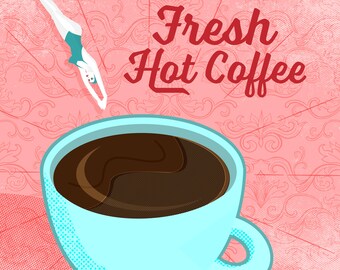 Retro Coffee Art Print: Vibrant Kitchen Decor, Playful Modern Design