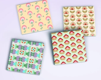 Mid-Century Modern Ceramic Coasters: Floral Retro Drink Coasters, Set of 4