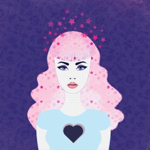 Stampa pop art celeste: capelli rosa, stelle, decorazione murale da sogno (8x8 pollici)