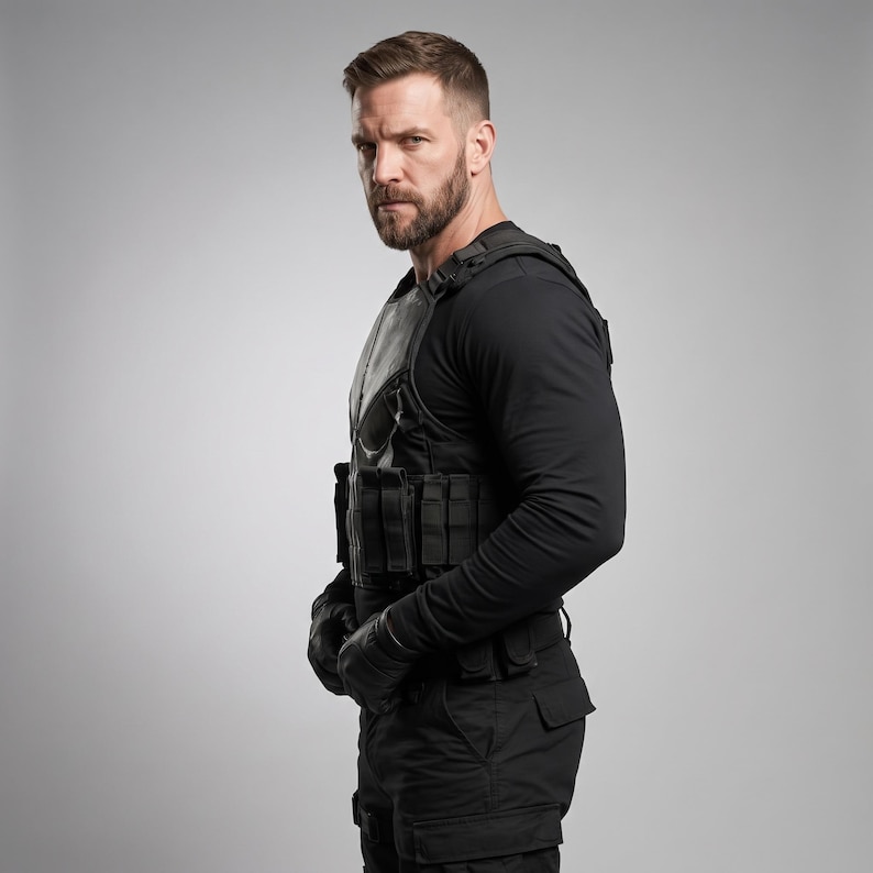 May include: A black tactical vest featuring a white skull emblem on the chest, worn over a long-sleeved black shirt. The vest includes multiple integrated utility pouches and straps, paired with black tactical trousers and matching black gloves.