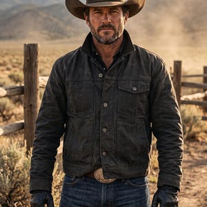May include: A dark brown cowboy hat, a dark charcoal button-up jacket with two chest pockets, blue denim jeans, and black leather gloves. The jacket features a high collar and metal buttons, while the jeans are secured with a large metallic belt buckle.
