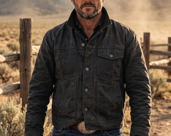 Può includere: Un cappello da cowboy marrone scuro, una giacca abbottonata grigio antracite con due tasche sul petto, jeans blu e guanti in pelle nera. La giacca presenta un colletto alto e bottoni in metallo, mentre i jeans sono fissati con una grande fibbia.