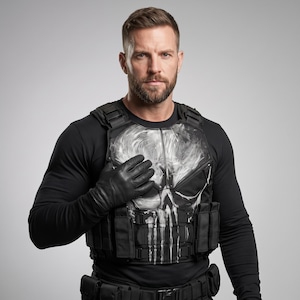 May include: A black tactical vest featuring a white, distressed skull graphic on the chest. The vest includes multiple integrated pouches and adjustable straps, worn over a long-sleeved black shirt. The design incorporates a modular webbing system.