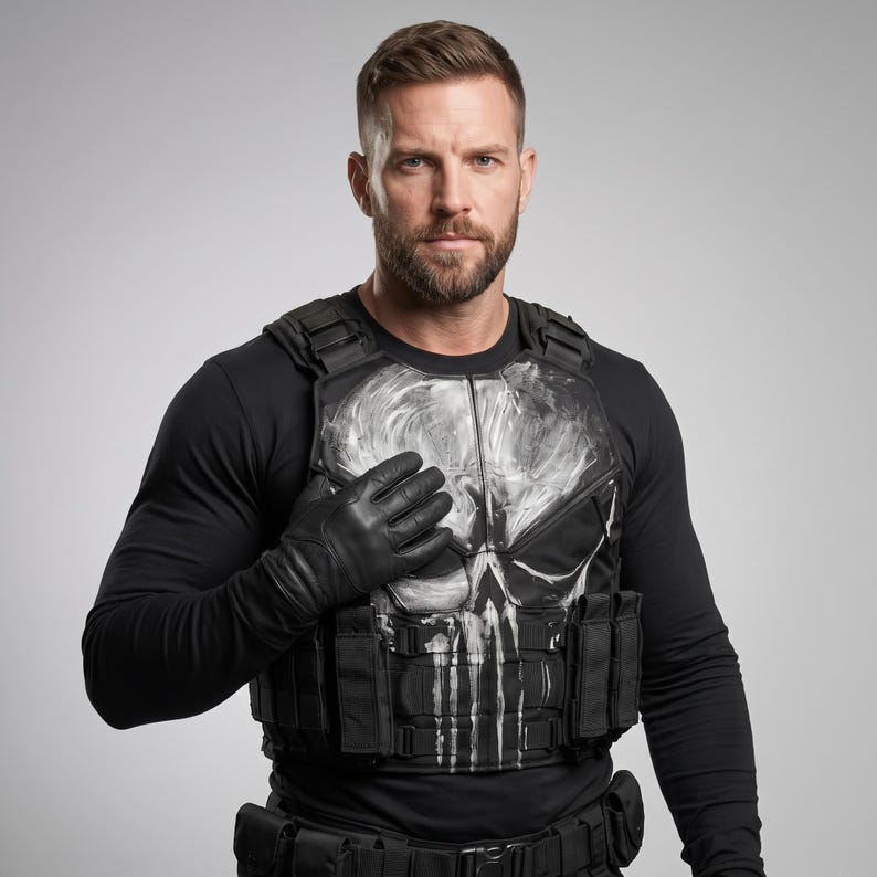May include: A black tactical vest featuring a white, distressed skull graphic on the chest. The vest includes multiple integrated pouches and adjustable straps, worn over a long-sleeved black shirt. The design incorporates a modular webbing system.