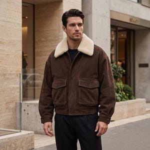 May include: A dark brown suede bomber jacket featuring a thick cream-colored shearling collar, a front zipper closure, and two large flap pockets on the chest. The jacket has long sleeves with buttoned cuffs and a straight hemline.