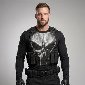 May include: A black tactical vest featuring a white, distressed skull graphic on the chest plate. The vest includes multiple integrated pouches, adjustable shoulder straps, and a heavy-duty buckle system, worn over a long-sleeved black shirt.
