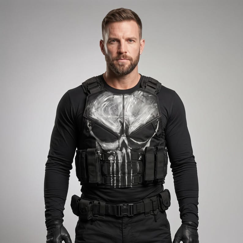 May include: A black tactical vest featuring a white, distressed skull graphic on the chest plate. The vest includes multiple integrated pouches, adjustable shoulder straps, and a heavy-duty buckle system, worn over a long-sleeved black shirt.
