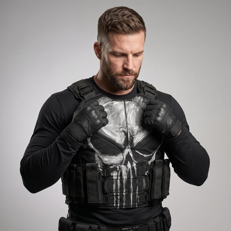May include: A black tactical vest featuring a prominent white skull graphic on the chest, worn over a long-sleeved black shirt. The vest includes multiple utility pouches, adjustable straps, and is paired with black tactical gloves with knuckle protection.