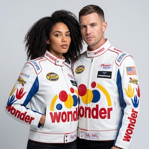 May include: A white racing jacket featuring blue sleeves, red trim, and the word Wonder in red lettering. The jacket displays various sponsor logos including NASCAR Nextel Cup Series, Powerade, and Dennit Racing, with a small Ricky Bobby name tag.