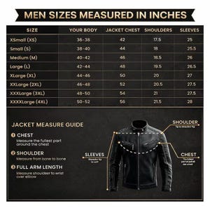 May include: A black leather jacket size chart with a table listing measurements in inches for sizes XSmall to XXXXL. The graphic includes a visual guide showing how to measure the chest, shoulders, and sleeves on a black jacket illustration.