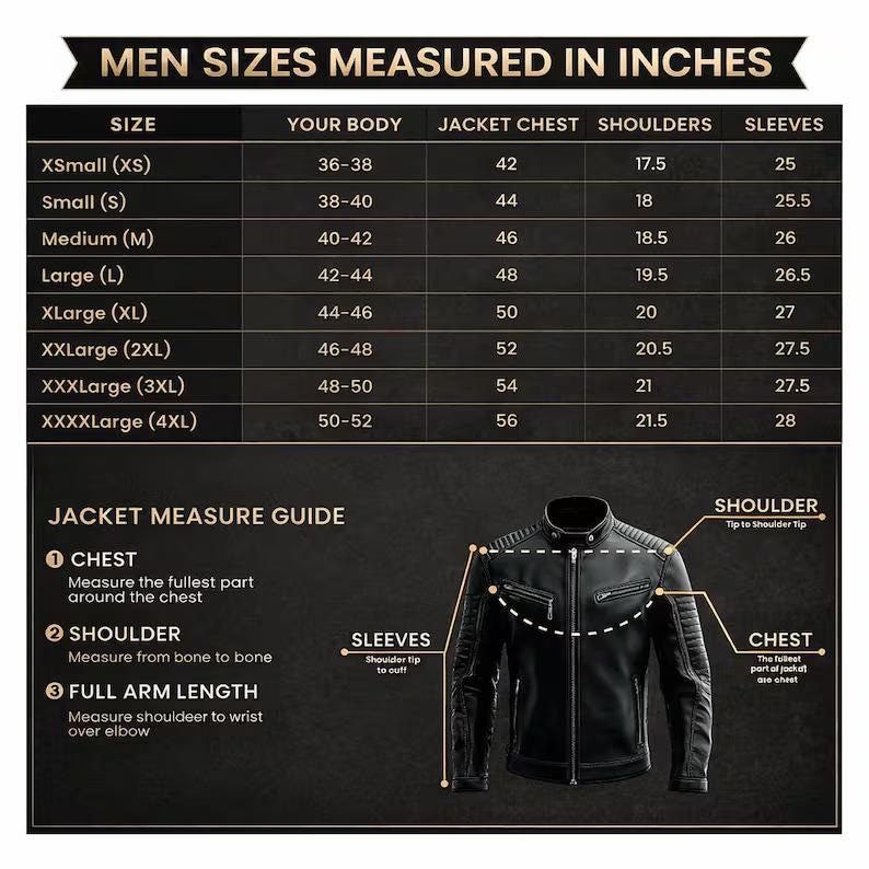 May include: A black leather jacket size chart with a table listing measurements in inches for sizes XSmall to XXXXL. The graphic includes a visual guide showing how to measure the chest, shoulders, and sleeves on a black jacket illustration.