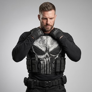 Skull Tactical Leather Vest | Dark Vigilante Cosplay Armor | Handmade Combat Costume Vest | Halloween Superhero Costume | Punisher Inspired