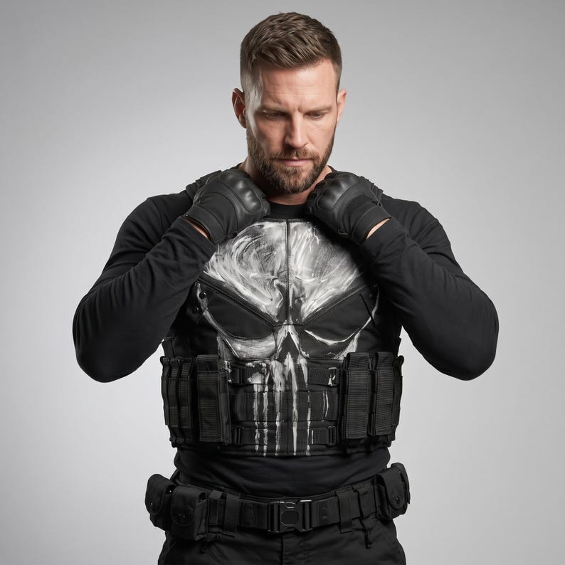 Skull Tactical Leather Vest | Dark Vigilante Cosplay Armor | Handmade Combat Costume Vest | Halloween Superhero Costume | Punisher Inspired