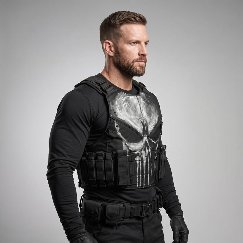 May include: A black tactical vest featuring a white, distressed skull graphic on the chest. The vest includes multiple integrated pouches, adjustable shoulder straps, and a matching black utility belt worn over a long-sleeved black shirt.