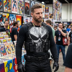 May include: A black tactical vest featuring a large white painted skull emblem on the chest, worn over a long-sleeved black shirt. The vest includes multiple utility pouches, adjustable straps, and a matching black tactical belt with black gloves.