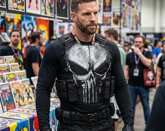 Può includere: Un gilet tattico nero con un grande emblema a forma di teschio dipinto in bianco sul petto, indossato sopra una maglia nera a maniche lunghe. Il gilet include diverse tasche multiuso, cinghie regolabili e una cintura tattica nera abbinata.
