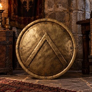Puede incluir: Un escudo circular de color bronce que presenta un símbolo Lambda en relieve en el centro. El escudo tiene un acabado texturizado y desgastado, asegurado con remaches metálicos visibles a lo largo del borde exterior, creando una apariencia robusta.