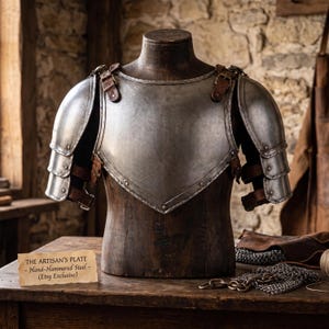 May include: A hand-hammered steel breastplate with matching pauldrons, secured by brown leather straps and metal buckles. A small sign reads: THE ARTISAN'S PLATE - Hand-Hammered Steel - (Etsy Exclusive). Chainmail links lie on the wooden surface.