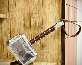 Mjolnir Hammer Replica, Metal Norse Mythology Prop, Leather Handle, Display Stand, Viking Decor
