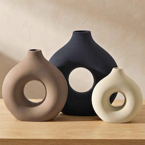 Ceramic Donut Vase Set of 3 Small Modern Hollow Flower Vases for Shelf Decor