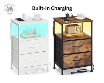 Nightstand with Charging Station LED Lights 2 Drawer Bedside Table