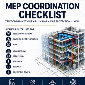 Op de afbeelding: Een AB Engineering P.C. MEP-coördinatiechecklist-document met een 3D-gebouwmodel met kleurgecodeerde mechanische, elektrische en sanitaire systemen. De tekst bevat categorieën zoals telecommunicatie, loodgieterswerk, brandbeveiliging, HVAC, architectonisch, structureel, elektrisch, lift en akoestische beoordeling.