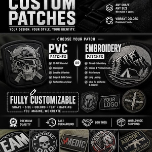 Könnte beinhalten: Eine Werbegrafik für individuelle Aufnäher mit dem Text ELY PATCHES CUSTOM PATCHES. Sie zeigt Beispiele für PVC- und gestickte Aufnäher mit Motiven wie einem Totenkopf, Bergen, einem Helm und Texten wie MEDIC und AIRSOFT SNIPER TEAM.