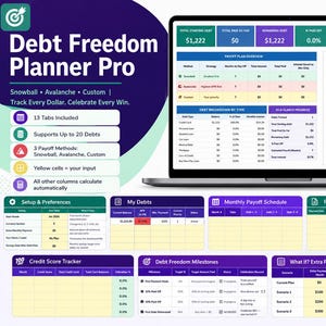 May include: A digital Debt Freedom Planner Pro spreadsheet displayed on a laptop screen, featuring sections for debt breakdown, payoff plans, monthly schedules, payment logs, credit score tracking, milestones, and an extra payment calculator.