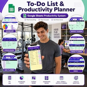 Könnte beinhalten: Ein digitaler Produktivitätsplaner auf einem Smartphone und Computerbildschirm, der ein Dashboard, einen Monatskalender, einen Wochenplaner, einen Tagesplaner, ein Kanban-Board und eine Zielverfolgung mit Diagrammen, Tabellen und Aufgabenlisten enthält.