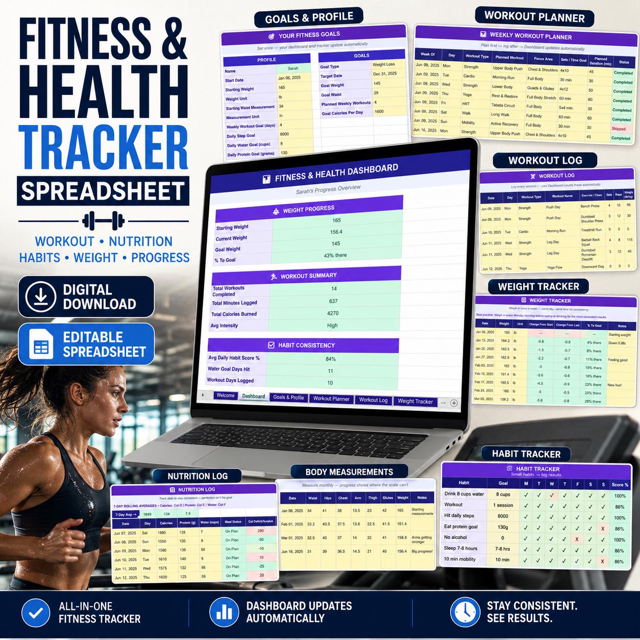 All-in-One Fitness Tracker Spreadsheet Plan Workouts, Track Weight Loss & Build Habits Google Sheets Auto Dashboard