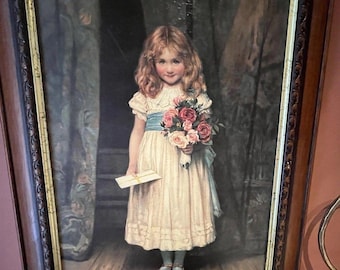 Cuadro antiguo de Charles Trevor Garland titulado "Saludos", con una gran imagen de una niña victoriana texturizada.