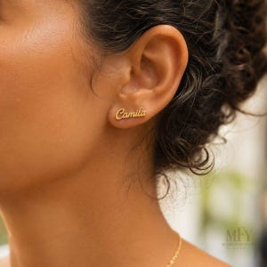 Personalized Cursive Name Stud Earrings, Gold Rose Gold Silver Script Ear Studs
