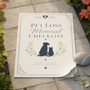 May include: A white rectangular paper sign titled Pet Loss Memorial Checklist in dark blue text. It features a silhouette of a dog and cat, green leaf illustrations, and the text Forever in your heart, always in your memories with paw prints.