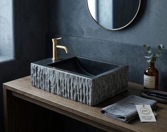 Chiseled Andesite Stone Vessel Sink, Matte Black Interior, Natural Basalt Countertop Basin