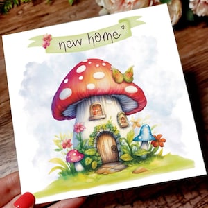 Carte de maison neuve fantaisiste - Illustration mignonne de maison champignon, carte de voeux de conte de fées, carte de pendaison de crémaillère, esthétique Cottagecore