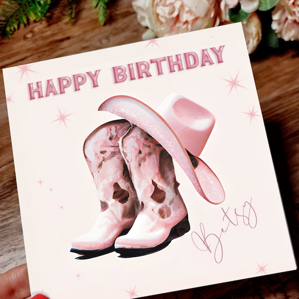 Cowgirl happy birthday card. Cowboy boots, cowboy hat, pink and girly country themed personalised birthday card.