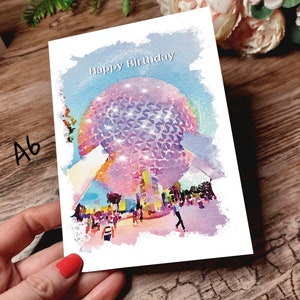 WWW Epcot Geburtstagskarte. Raumschiff Erde Karte, kann personalisiert werden. Zauberhafte Epcot Geburtstagskarte in Aquarell