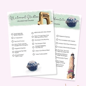 Universelle Palettenware Abenteuerinseln und Universal Studios Rider Checkliste. Urlaubsplanung. Gedruckt A5 auf Karte