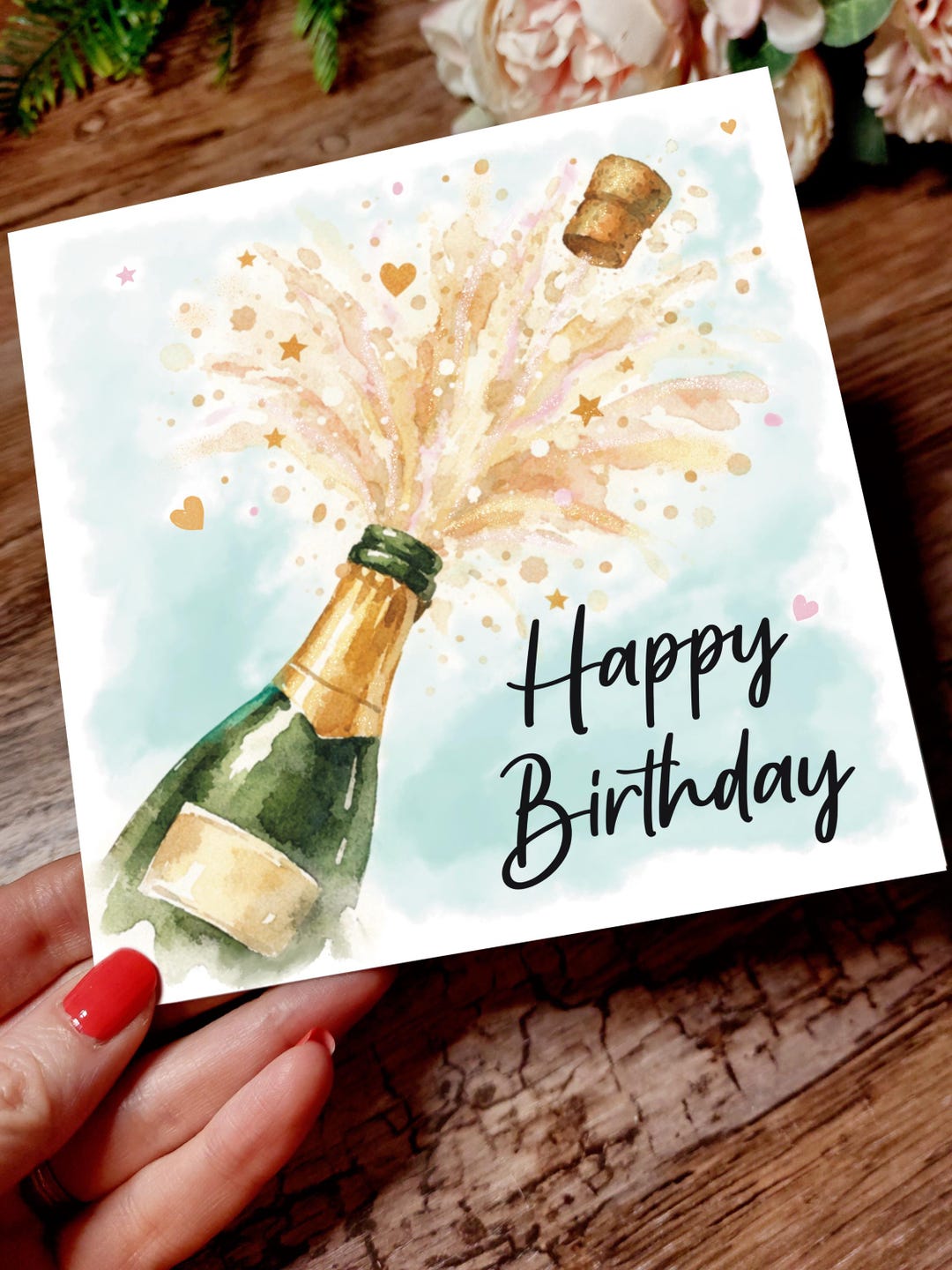 Watercolour Champagne Bottle Birthday Card - Etsy