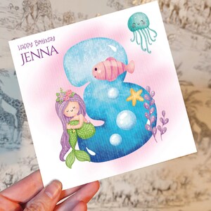 Carte d'anniversaire personnalisée sirène pour fille - Nom et âge personnalisés - Thème océan magique - Âgés de 1 à 9 ans - Carte d'anniversaire amusante pour enfants