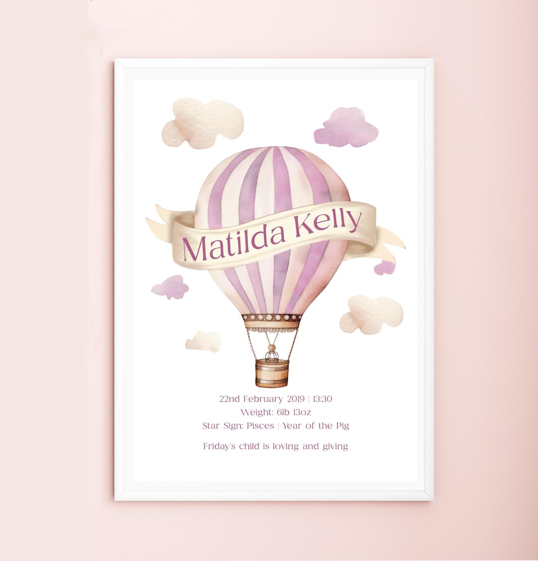 Personalised Hot Air Balloon Print: Custom Baby Girl Birth Stats, Pink ...